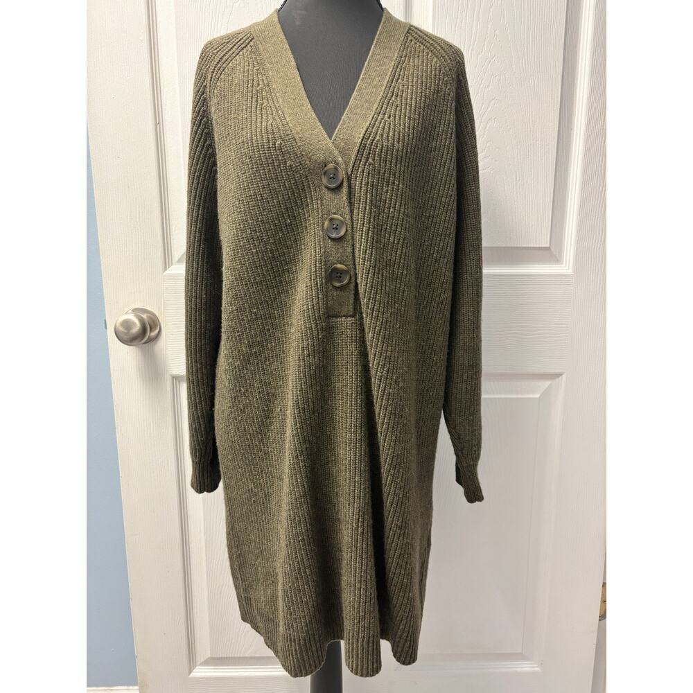Madewell Women's Sweater Dress V-Neck Wool Blend Pullover Green Buttons Size M